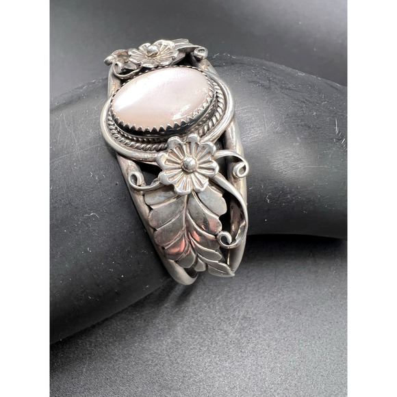 Estate Vtg Ornate Floral Sterling Silver Cuff Bracelet Mother of Pearl Cabochon - Picture 1 of 4